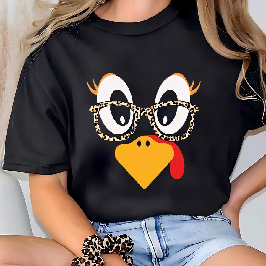 Turkey Face Shirt, Glasses Turkey Shirt, Thanksgiving Turkey Shirt, Turkey With Glasses, Funny Turkey Shirt, Eyelashes Leopard Glasses Shirt T-shirt