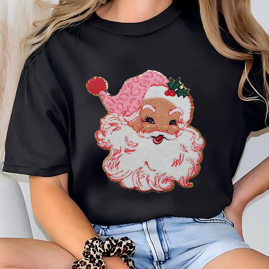 Pink Santa Sweatshirt - Santa Chenille Sweatshirt - Christmas Sweatshirt - Chenille Patch - Christmas Chenille Patch - Pink Santa Patch T-shirt