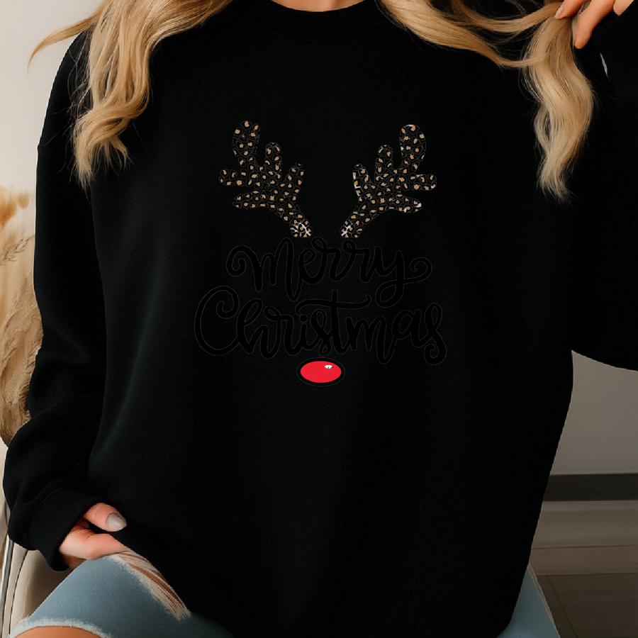 Christmas Deer Sweatshirt: Leopard Antlers, Holiday Crewneck Sweatshirt
