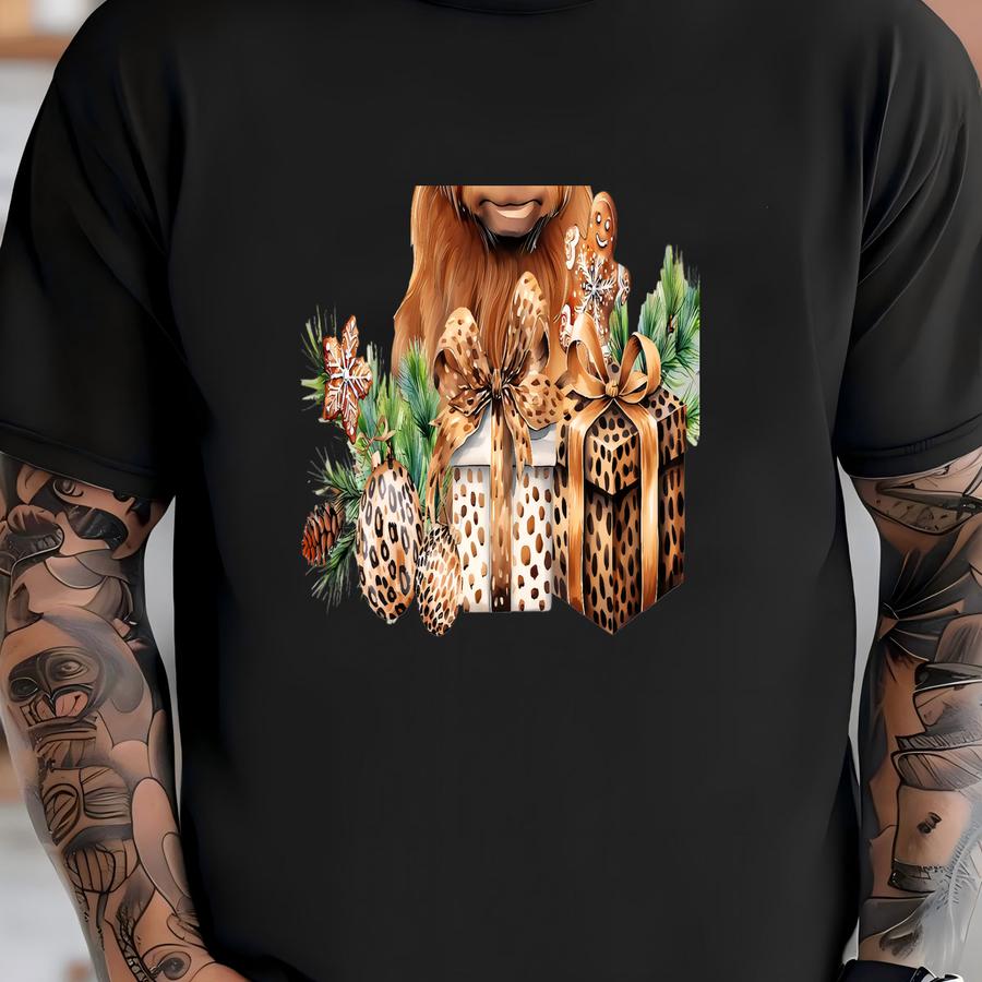 Christmas Highland Cow Dtf Transfer: Leopard Print Holiday Design T-shirt