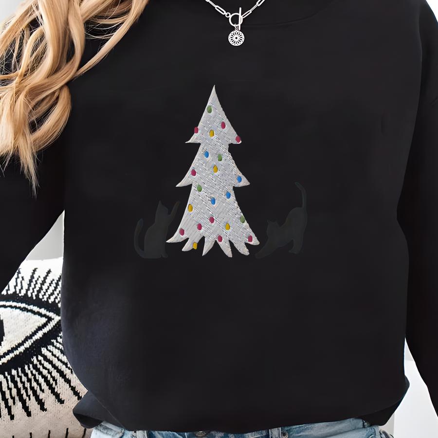 Cats Holiday Sweatshirt, Christmas Tree Y Crewneck, Cute Cat Festive Sweater, Black Cat Mom Gift, Cat Lover Shirt Sweatshirt