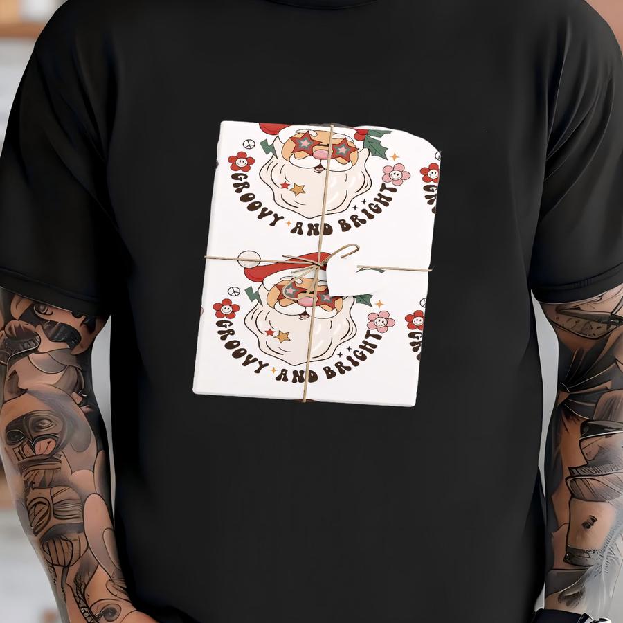 Groovy And Bright Hippie Santa Christmas Wrapping Paper Funny Retro Holiday Gift Wrap T-shirt