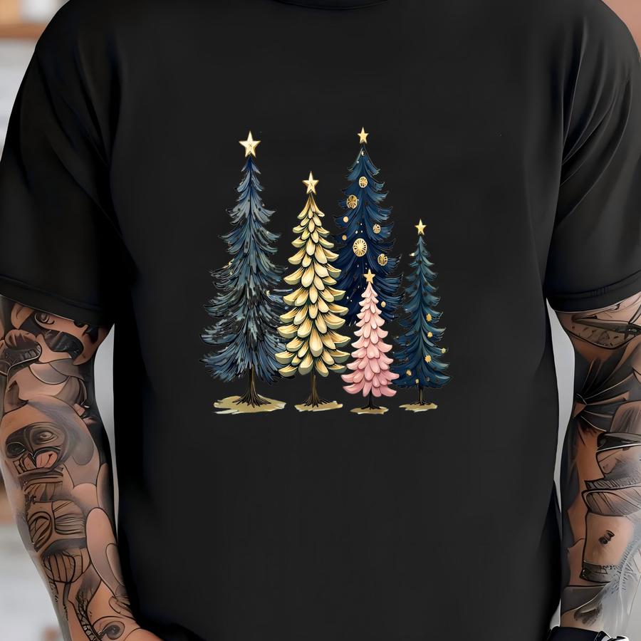 Watercolor Christmas Trees Long Sve Tee - Pink Tree Design T-shirt