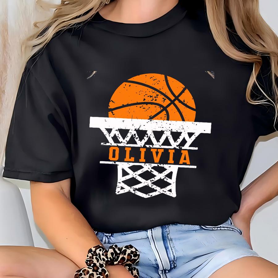 Distressed Basketball With Custom Name Sweatshirt, Personalized Mom Game Day Sweater T-shirt