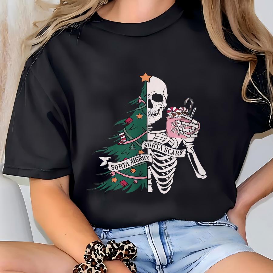 Sorta Merry/sorta Scary Christmas Skeleton Crewneck Sweatshirt, Very Merry Holiday Longsve Shirt, Festive Winter Sweater T-shirt