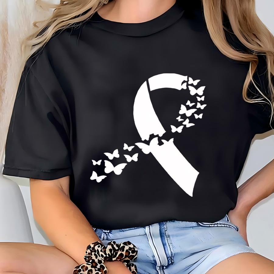 Butterfly Lung Cancer Shirt, White Ribbon Shirt, Lung Cancer Survivor Shirt, Cancer Awareness Tee, Cancer Warrior Gift, Cancer Fighter Shirt T-shirt