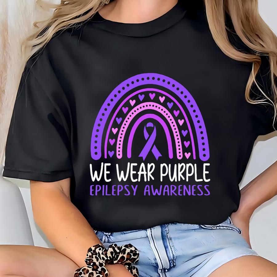 We Wear Purple Epilepsy Awareness Sweatshirt, Purple Ribbon Sweater, Epilepsy Warrior Sweat, Awareness Ribbon Sweater, Rainbow Epilepsy Gift T-shirt