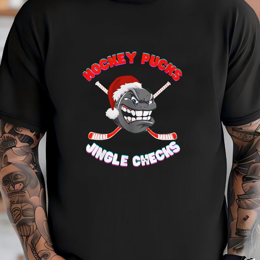 Funny Hockey Christmas Sweater, Hockey Pucks Jingle Checks T-shirt