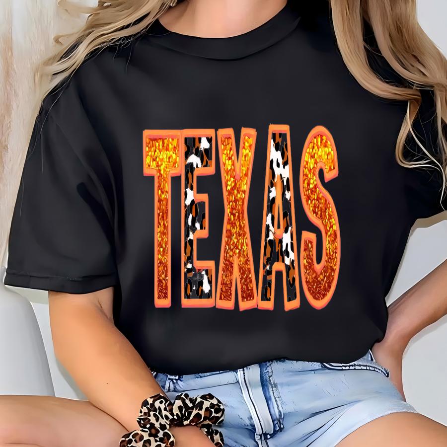 Texas Faux Glitter Fce Sweater! Longhorns, Orange Leopard Print T-shirt