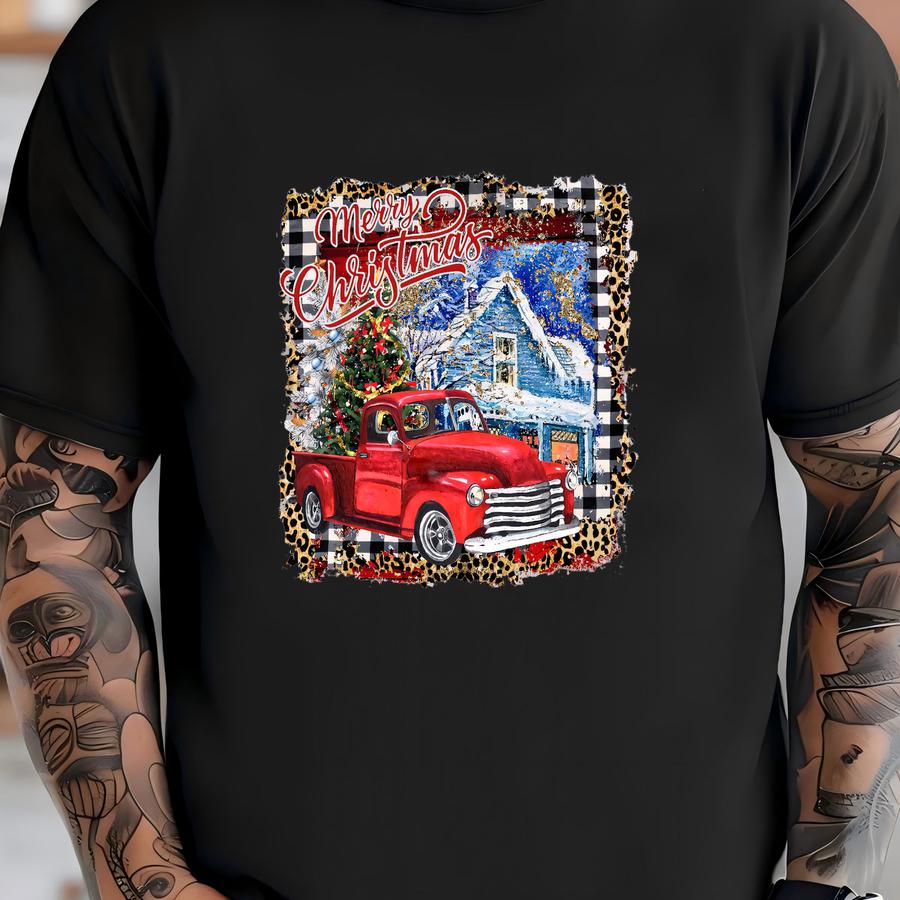 Merry Christmas Red Truck Dtf Transfer: Holiday Apparel Decal T-shirt