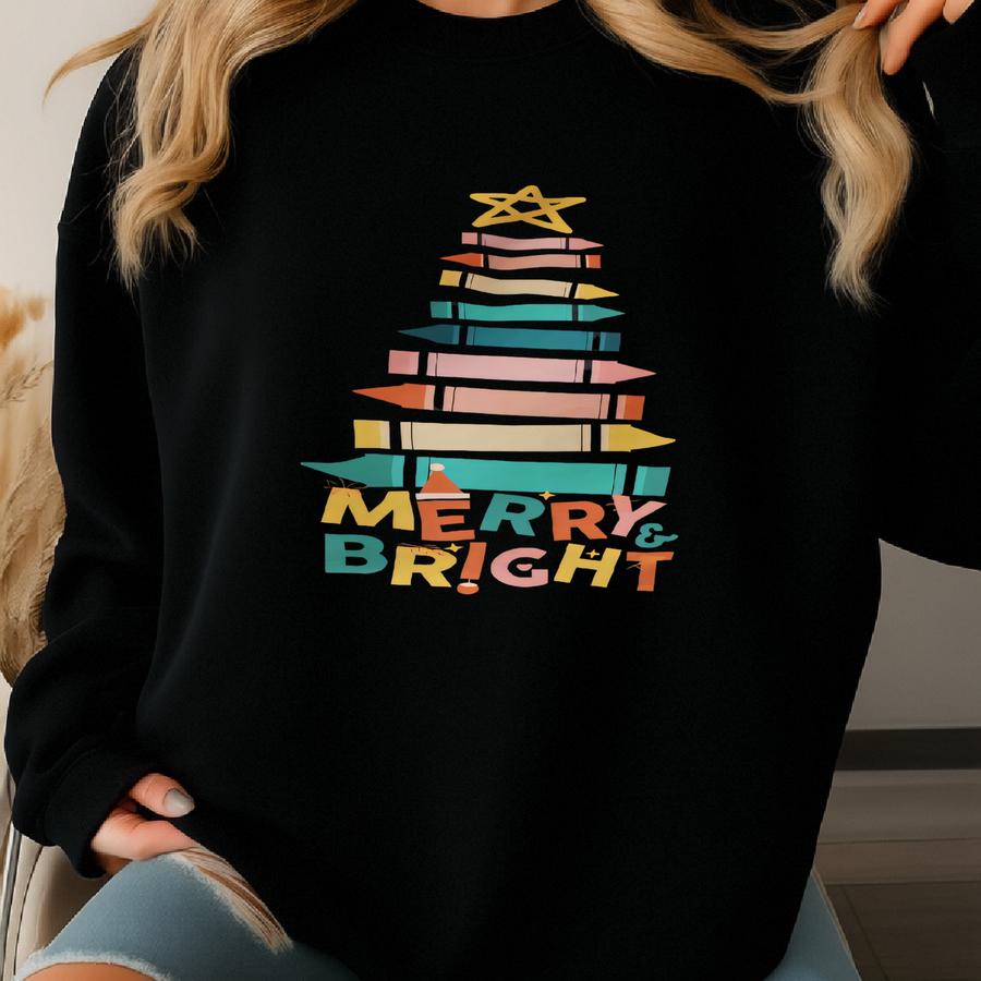 Merry And Bright Color Crayon Christmas Tree Teacher Sweatshirt, Holiday Teacher Sweatshirt, Christmas Gift For Preschool Teacher Sweatshirt