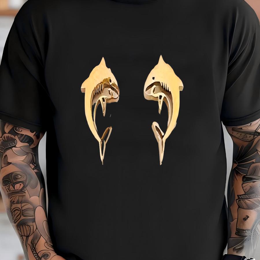 Go Sharks! Cute Shark Gold Stud Earrings - Shark Gift T-shirt