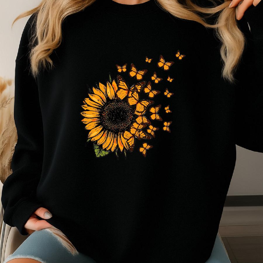 Beautiful Suower And Flying Butterflies Sweatshirt, Cute Suower Sweater, Suower And Flying Butterflies Tee, Cute Gift For Women Sweatshirt