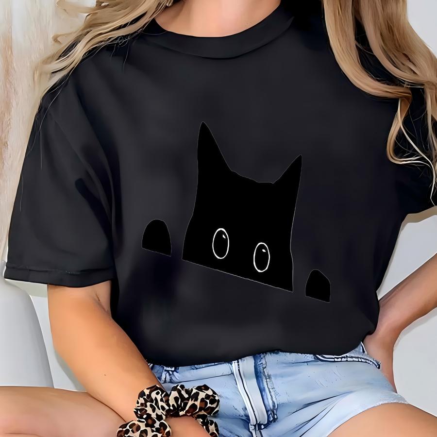 Cat Owner Gift: Peeking Black Cat Raglan Shirt, Three Quarter Sve Tshirt T-shirt