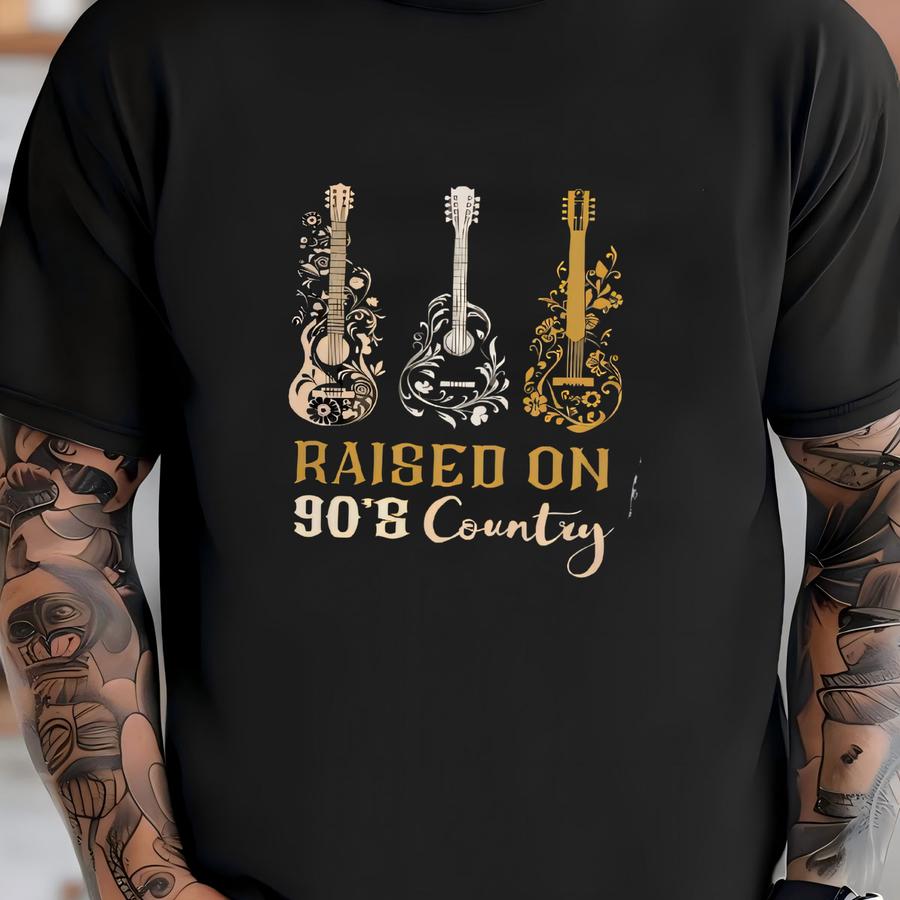 Raised On 90's Country Tee, Guitar Graphic Tee, Western Design Shirt, Cowgirl Hoodie, Tee, Unisex Garment-dyed Hoodie T-shirt