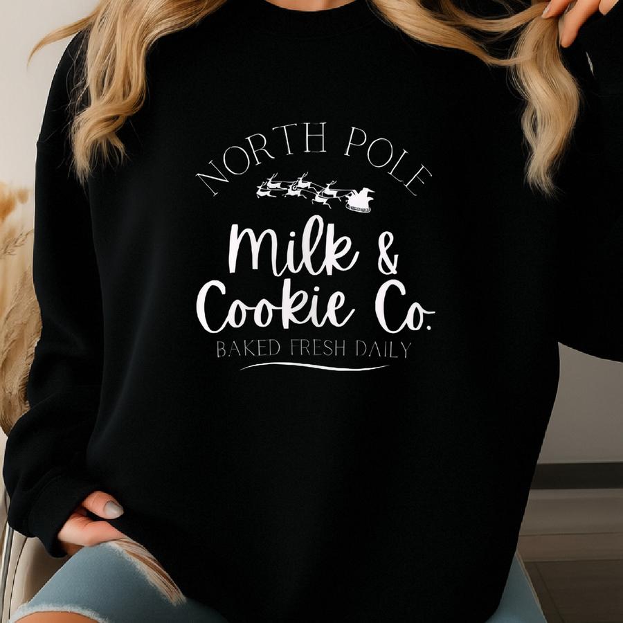 Christmas Milk Cookies Sweatshirt, North Pole Winter Holiday Xmas Jumper, Cozy Unisex Pullover, Festive Graphic Tee, Santa's Workshop Sweatshirt