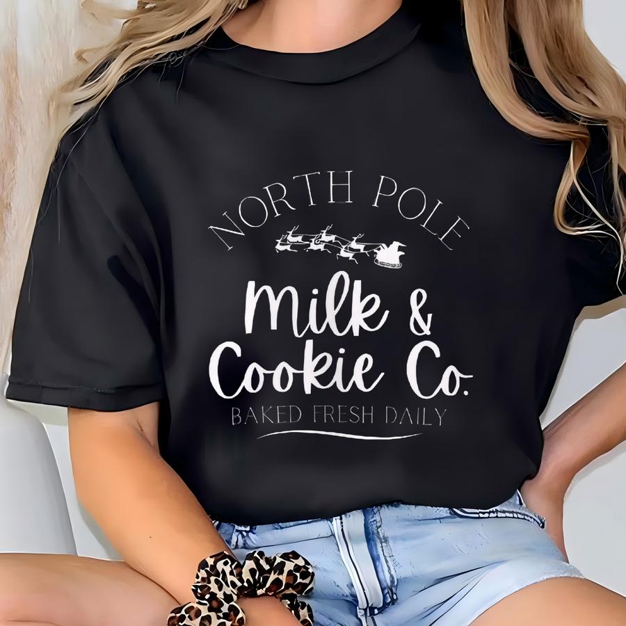 Christmas Milk Cookies Sweatshirt, North Pole Winter Holiday Xmas Jumper, Cozy Unisex Pullover, Festive Graphic Tee, Santa's Workshop T-shirt