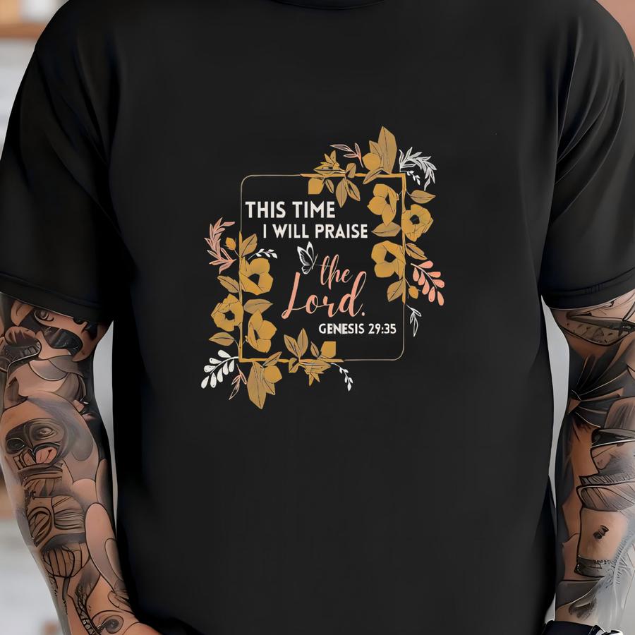 This Time I Will Praise The Lord Genesis 29:35 Boho Floral, Scripture Tee, Bible Verse Canvas, Vintage Floral Purse T-shirt