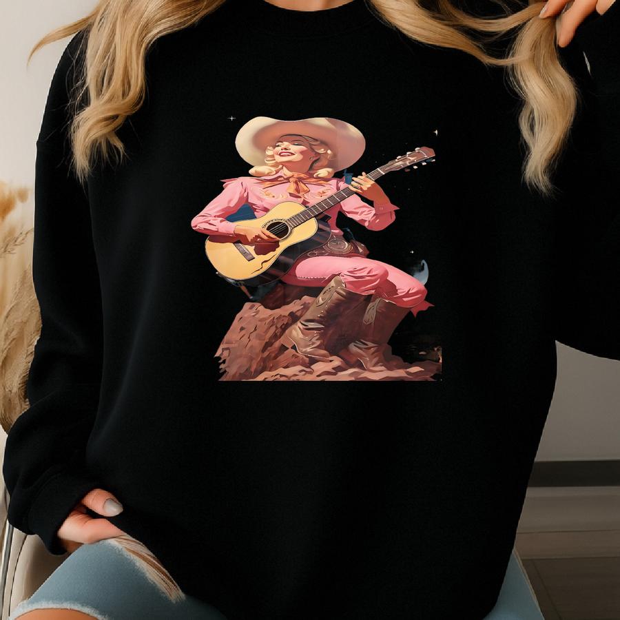Cosmic Cowgirl Playing Guitar Art Print | Retro Space Cowgirl Wall Art, Vintage Cowboy Art, Surreal Western Art Print, Southwest Desert Art Sweatshirt