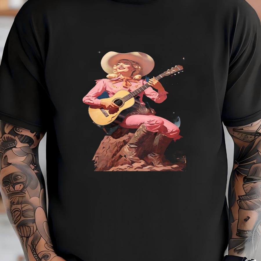 Cosmic Cowgirl Playing Guitar Art Print | Retro Space Cowgirl Wall Art, Vintage Cowboy Art, Surreal Western Art Print, Southwest Desert Art T-shirt