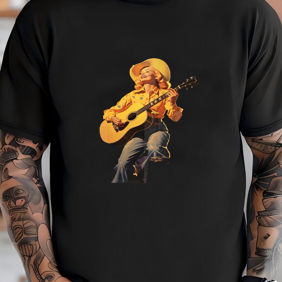 Cosmic Cowgirl Playing Guitar Art Print | Retro Space Cowgirl Wall Art, Vintage Cowgirl Art, Surreal Western Art Print, Southwest Desert Art T-shirt