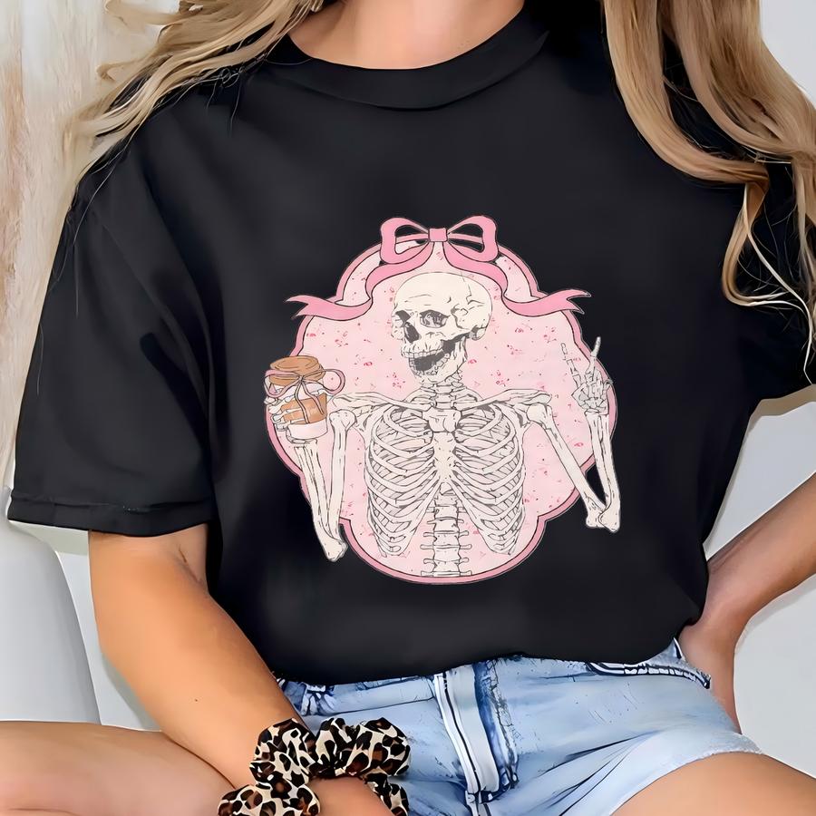 Coquette Sweatshirt Skeleton Coffee Sweatshirt Soft Girl Aesthetic Sweatshirt Coquette Crewneck Pastel Goth Clothes Gift For Female Friend T-shirt