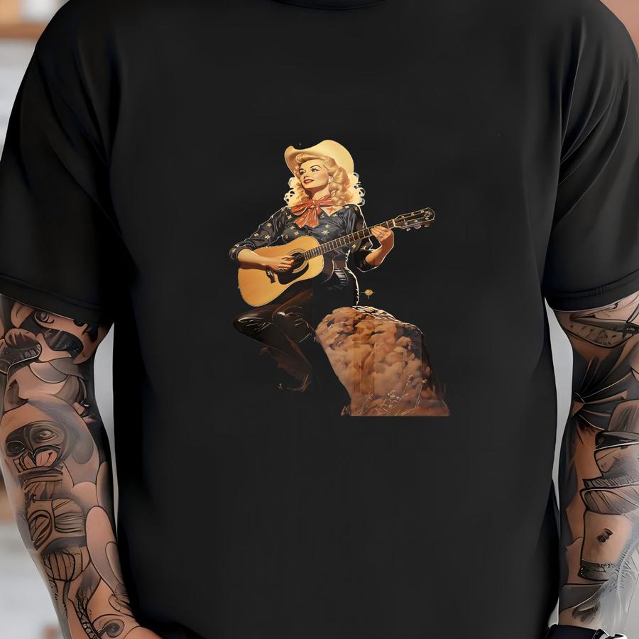Cosmic Cowgirl Playing Guitar Art Print | Retro Space Cowgirl Wall Art, Vintage Cowgirl Art, Surreal Western Art Print, Southwest Desert Art T-shirt
