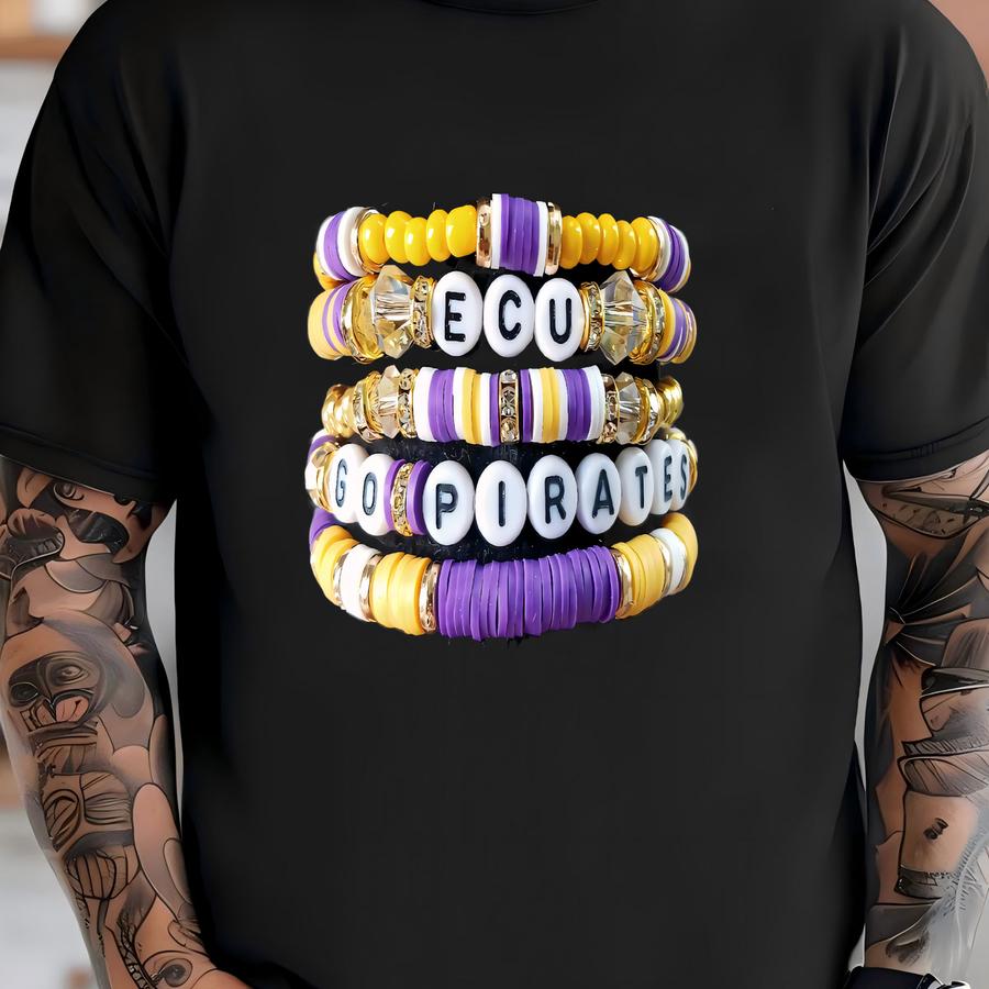 Full Stack East Carolina Inspired Heishi Stacking Bracelets Ecu Pirates T-shirt