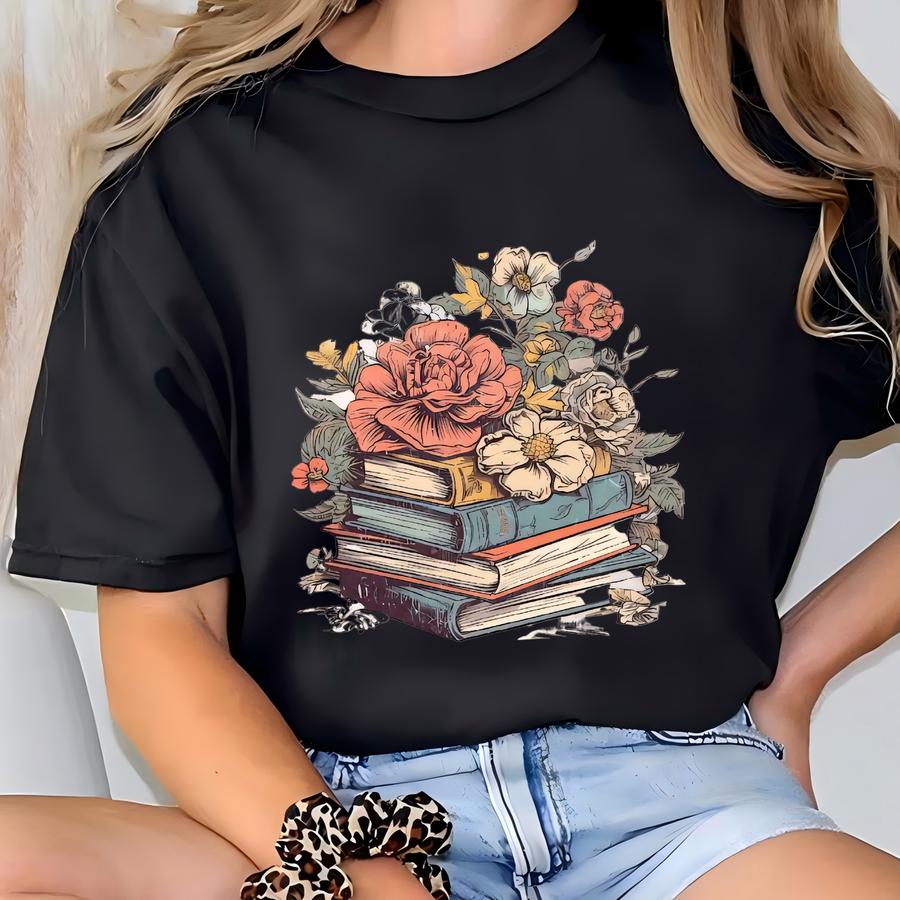 Books And Flowers Tee, Book Lover Tote, Bookish Tee, Book Lover Gift, Canvas Tee, Library, Bookworm Gift, Reusable T-shirt