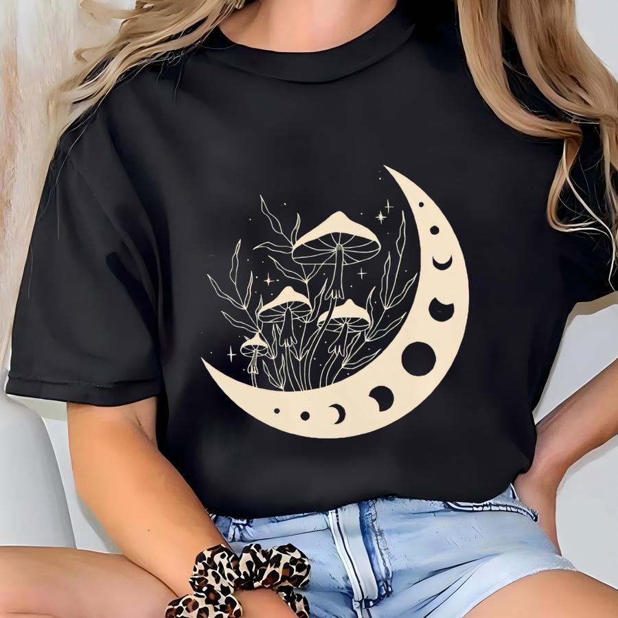 Celestial Unisex Garment-dyed Hoodie, Vintage Style, Mushrooms, Moon Shirt, Mystical Shirts, Moon Phases Hoodie T-shirt