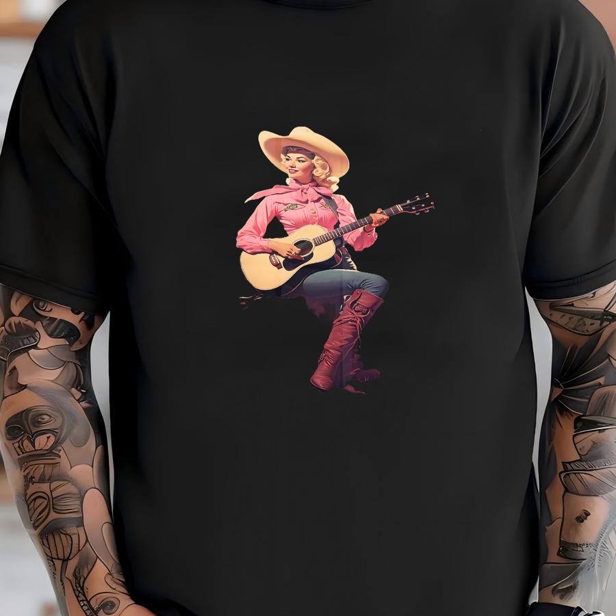 Cosmic Cowgirl Playing Guitar Art Print | Retro Space Cowgirl Wall Art, Vintage Cowgirl Art, Surreal Western Art Print, Southwest Desert Art T-shirt