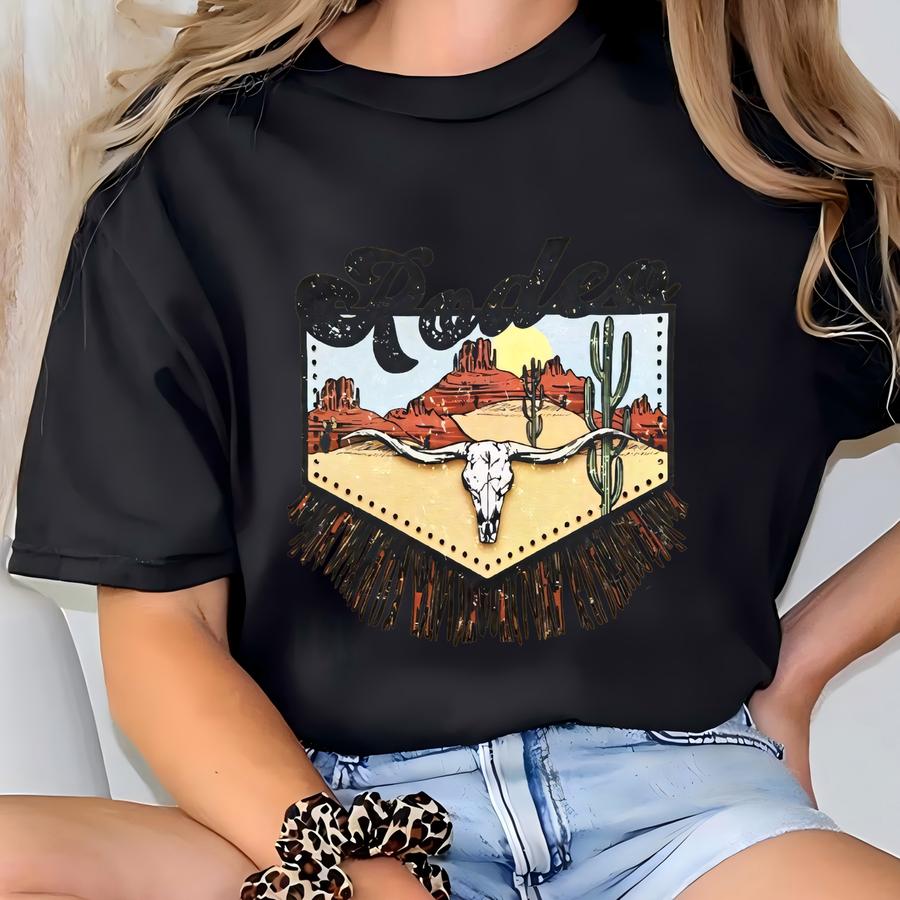 Rodeo Fringe Shirt, Desert Cow Skull Shirt, Wild West Shirt, Rodeo T Shirt, Vintage Cowboy Shirt, Rodeo Gift, Cowgirl Shirt T-shirt