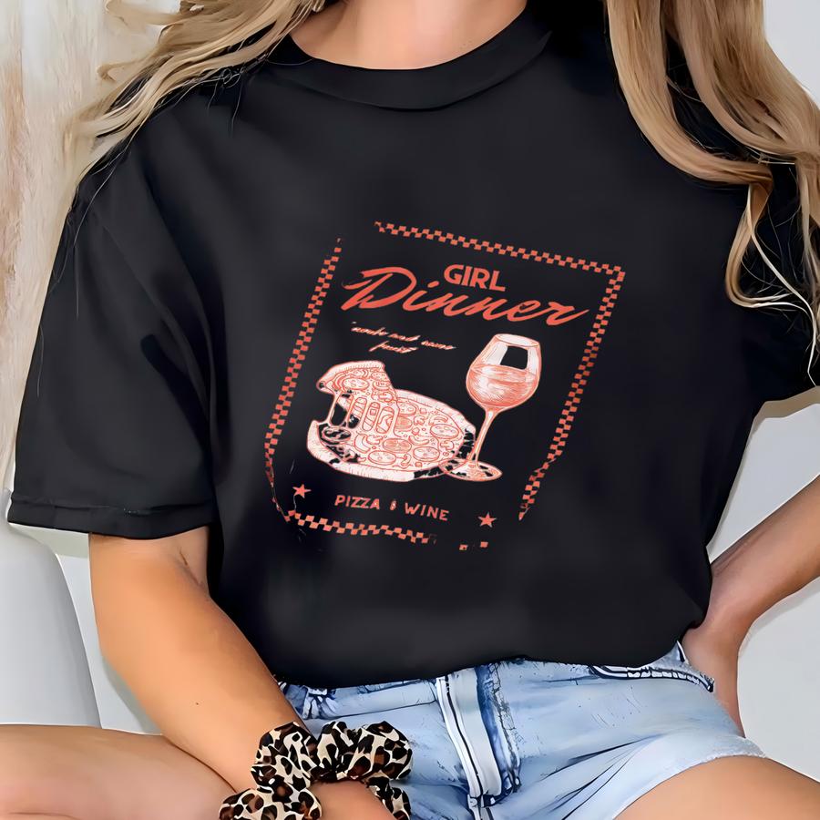 Girl Dinner Pasta Wine Graphic Hoodie, Retro Overszied Graphic Tee, Girl Dinner Pasta With Wine Graphic Hoodie Style T-shirt