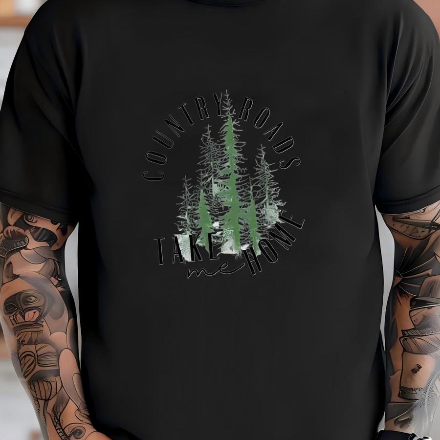 Country Roads Take Me Home Unisex Jersey Short Sve Tee, Vintage Outdoor Tee, Pine Trees, Western Tee, Concert Tee, Cowboy Cowgirl Tee, T-shirt