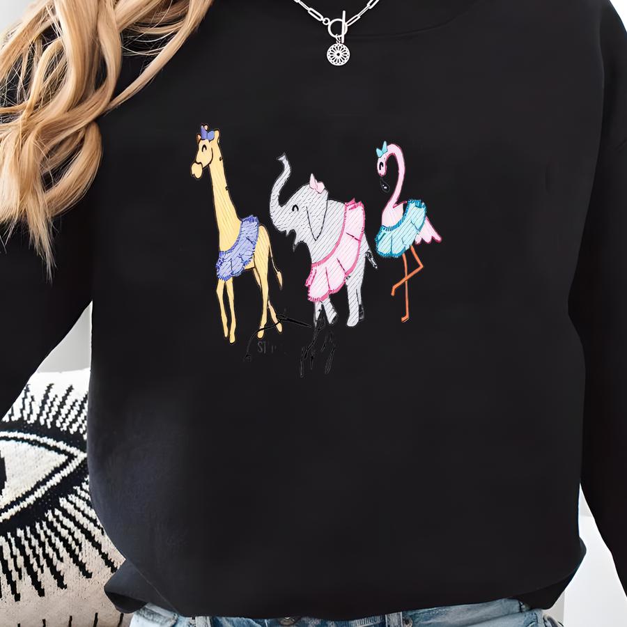 Tutu Zoo Animals Shirt - Giraffe Elephant Flamingo Ballerinas - Personalized Name - Girls Zoo Ballet Shirt Sweatshirt