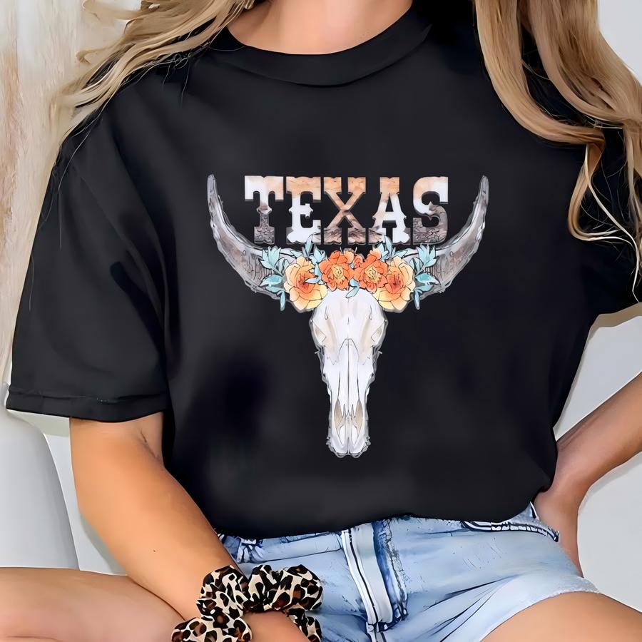 Texas Shirt, Cow Skull Roses Shirt, Texas Map Shirt, Rodeo Shirt For Women, Vintage Cowboy Shirt, Cowgirl Shirt T-shirt