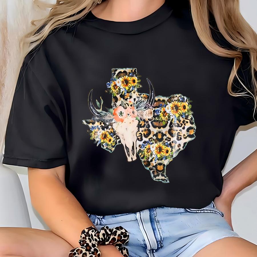 Texas Leopard Shirt, Texas Flowers Shirt, Texas Map Shirt, Rodeo Shirt For Women, Vintage Cowboy Shirt, Cowgirl Shirt T-shirt
