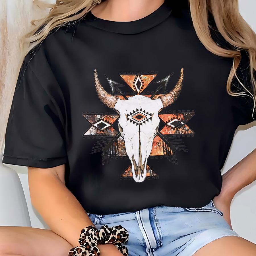 Rustic Aztec Cow Skull Shirt, Bull Skull Graphic Tee, Western Graphic Tee, Rodeo Queen Shirt, Gypsy Shirt, Western Shirt Women T-shirt