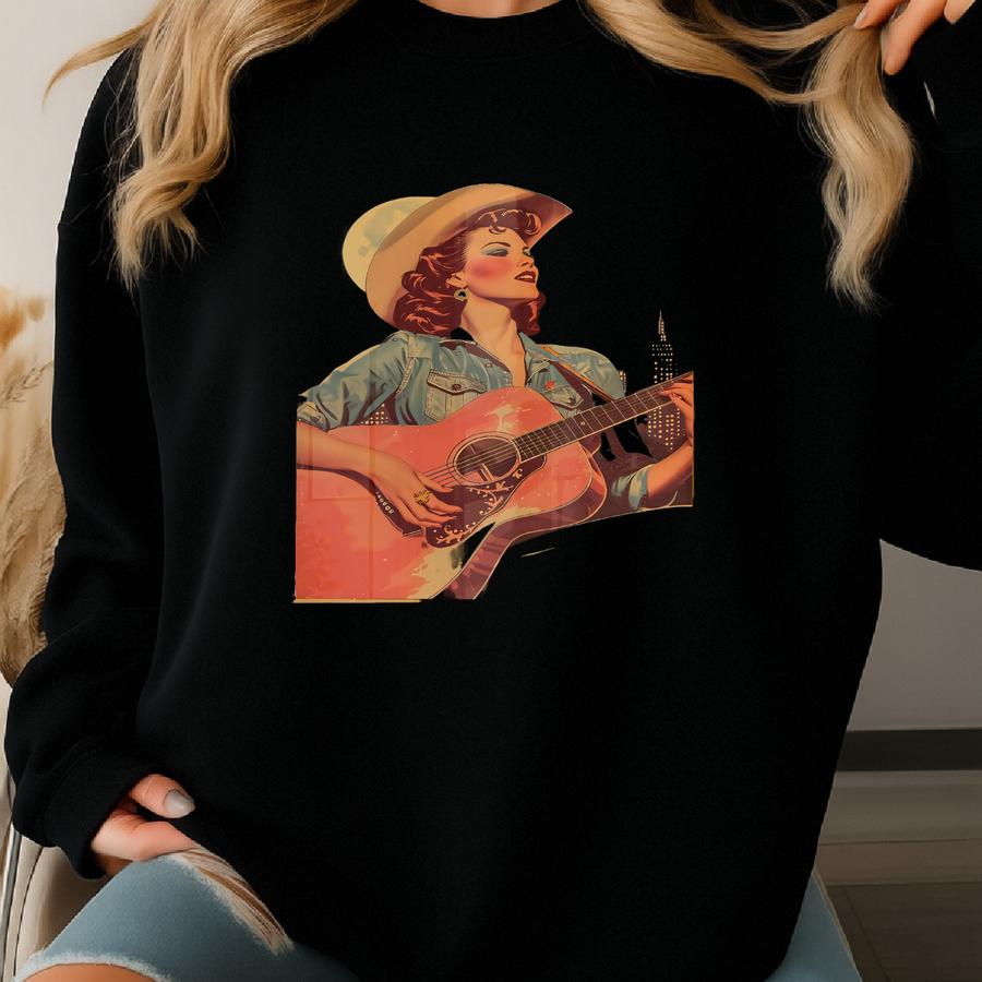 Cosmic Cowgirl Playing Guitar Art Print | Retro Space Cowgirl Wall Art, Vintage Cowboy Art, Surreal Western Art Print, Southwest Desert Art Sweatshirt