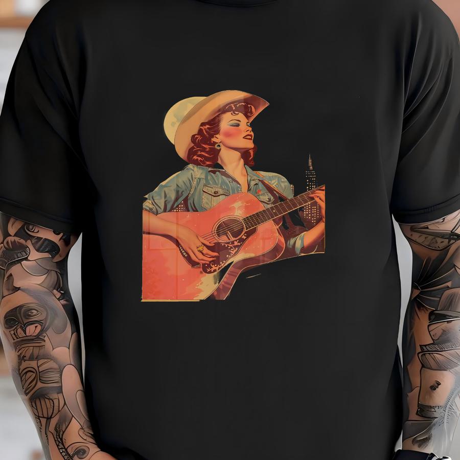 Cosmic Cowgirl Playing Guitar Art Print | Retro Space Cowgirl Wall Art, Vintage Cowboy Art, Surreal Western Art Print, Southwest Desert Art T-shirt