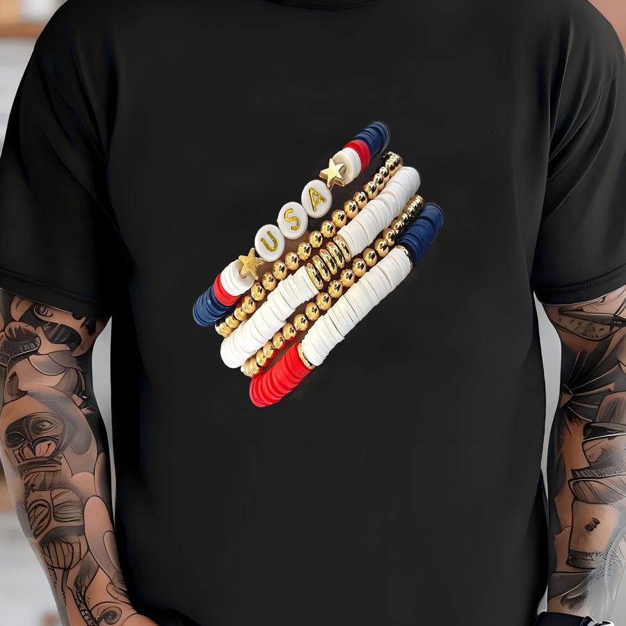 Usa Red White And Blue Bracelet, 4th Of July Jewelry, Patriotic Accessories, Heishi Stacking Summer Bracelets, Independence Day Jewelry T-shirt