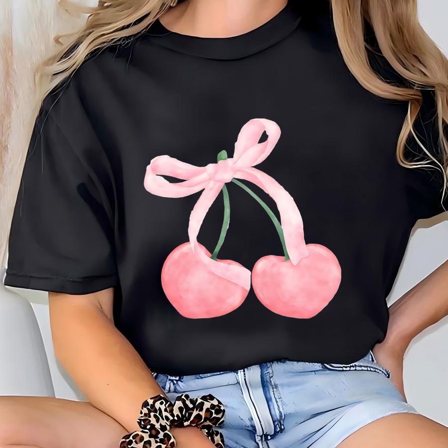 Coquette Cherry Unisex Heavy Blend™ Crewneck Sweatshirt, Cute Cherries And Bows Sweater, Girly, Pink Pullover, Cottage Core Shirt, Gifts T-shirt