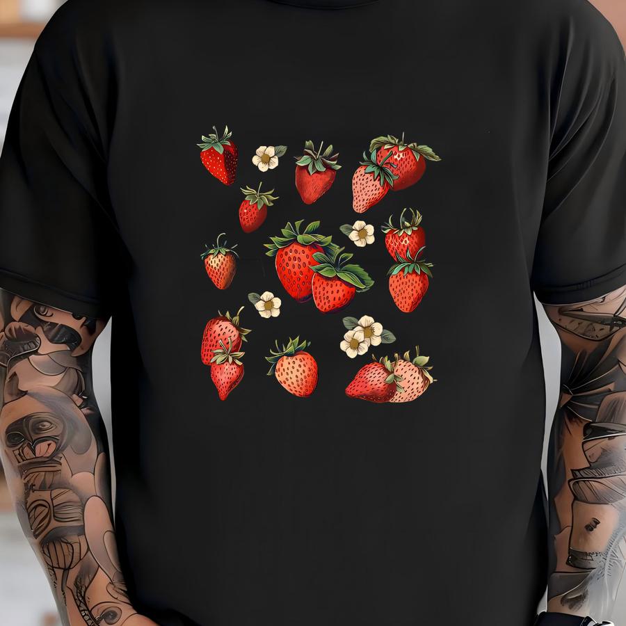Strawberries Tee, Vintage Strawberries, Collage Of Berries Design On Premium Unisex Shirt, 3 Color Choices, 2x, 3x, 4x, Plus Sizes Available T-shirt