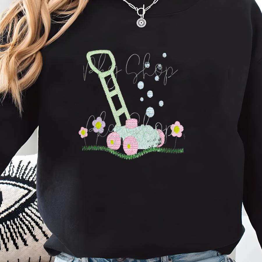 Bubble Mower With Flowers Top - Toddler Bubble Outfit - Personalized Name - Spring Ruffle Top Sweatshirt Bubble Mower With Flowers Top - Toddler Bubble Outfit - Personalized Name - Spring Ruffle Top Sweatshirt