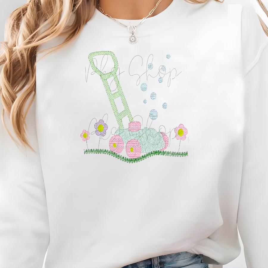 Bubble Mower With Flowers Top - Toddler Bubble Outfit - Personalized Name - Spring Ruffle Top Sweatshirt Bubble Mower With Flowers Top - Toddler Bubble Outfit - Personalized Name - Spring Ruffle Top Sweatshirt