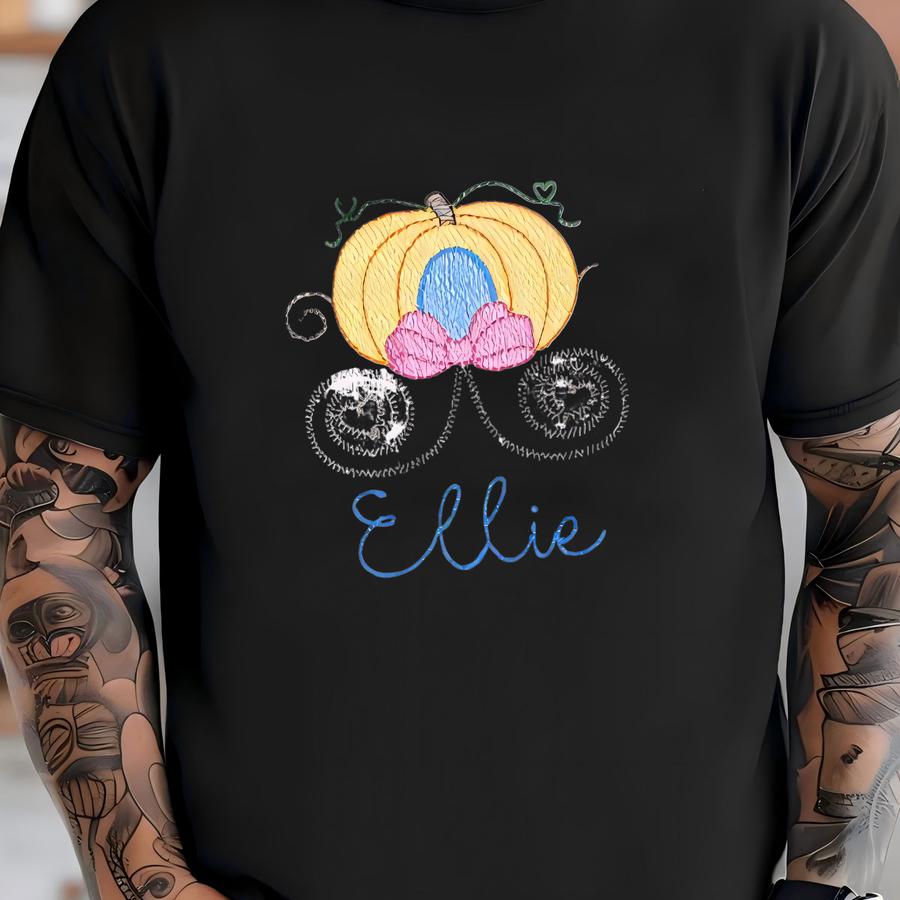 Princess Pumpkin Carriage Sketch Y - Personalized Name - Girl's Fall Pumpkin Patch - Bow - Pink Blue Orange - Toddler Baby T-shirt