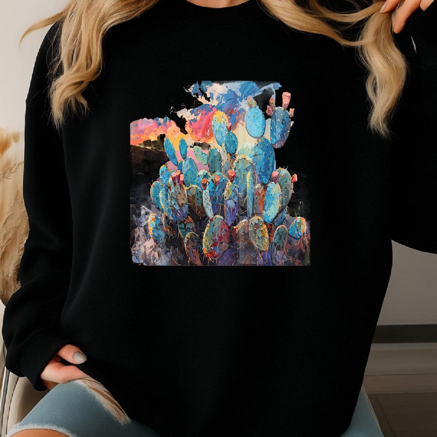 Ly Pear Cactus Art Print | Cactus Painting Wall Print, Colorful Western Art, Southwest Desert Landscape Sunset Print, Cowboy Wall Decor Sweatshirt