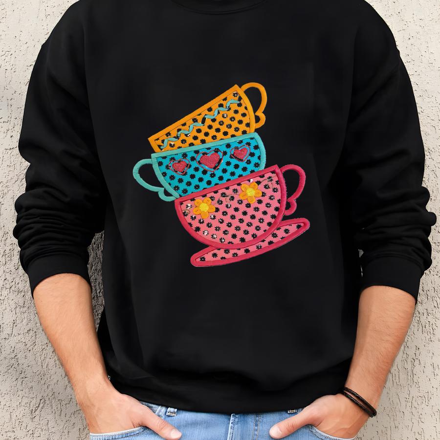 Appliqued Teacups Tea Towel, Housewarming Gift Sweatshirt
