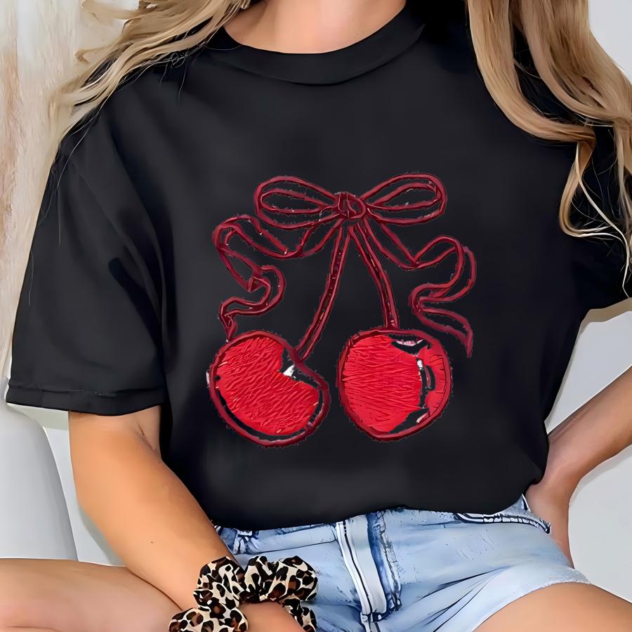 Coquette Cherry Bow Sweatshirt , Ribbon Crewneck, Girly Sweater, Cherries Jumper, Aesthetic Soft Girl Sweatshirt T-shirt