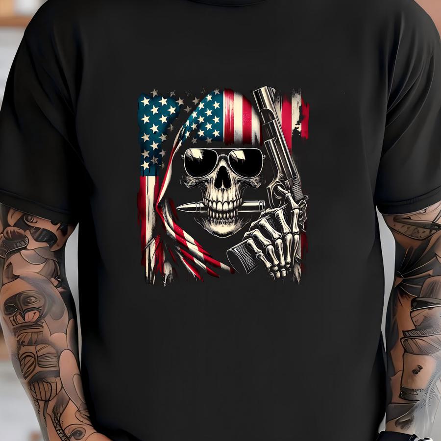 Skull Sunglasses Transfer: Usa Flag, Bullets Gun - Patriotic Dtf Art T-shirt
